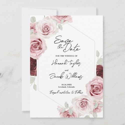 Burgundy Red Blush Pink Floral Wedding Save The Date