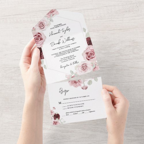 Burgundy Red Blush Pink Floral Wedding with RSVP  All In One Invitation