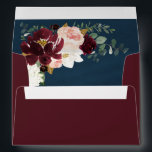 Burgundy Red Blush Pink Gold and Navy Blue Wedding Envelope<br><div class="desc">Design (inside graphic) features peonies, magnolia, hydrangea, roses, Scottish thistle, and more in shades of burgundy, various types of red, blush pink white and navy blue (thistle). Design also features gold printed leaves and numerous types of green greenery including eucalyptus leaves or branches over a brushed watercolor printed background in...</div>