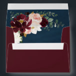 Burgundy Red Blush Pink Gold and Navy Blue Wedding Envelope<br><div class="desc">Design (inside graphic) features peonies, magnolia, hydrangea, roses, Scottish thistle, and more in shades of burgundy, various types of red, blush pink white and navy blue (thistle). Design also features gold printed leaves and numerous types of green greenery including eucalyptus leaves or branches over a brushed watercolor printed background in...</div>