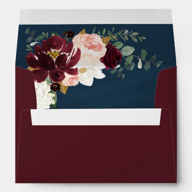 Burgundy Red Blush Pink Gold and Navy Blue Wedding Envelope (Back (Bottom))