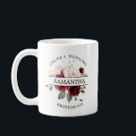 Burgundy Red Blush Pink Rose Floral Mug<br><div class="desc">Beautiful arrangement of deep red roses and blush pink roses creates a beautiful coffee mug for your bridesmaids. Lots of leaves give this floral arrangement a very modern botanical vibe. The bridesmaid name is placed in the center of the arrangement. The bride's name is above Bridesmaid or any other title...</div>
