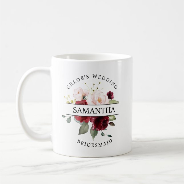 Burgundy Red Blush Pink Rose Floral Mug (Left)