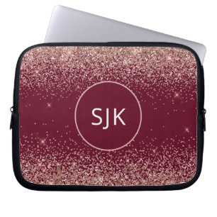 Burgundy Red Blush Pink Rose Gold Glitter Monogram Laptop Sleeve