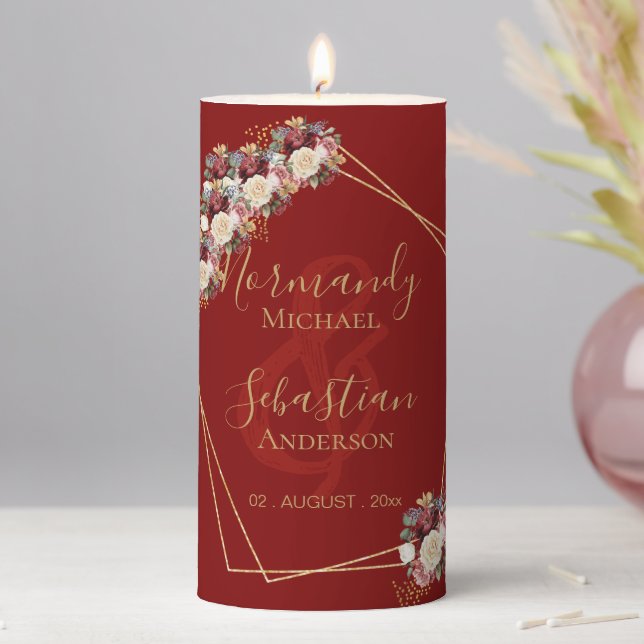 Burgundy Red Blush Roses Gold Geometric Wedding Pillar Candle (In Situ)