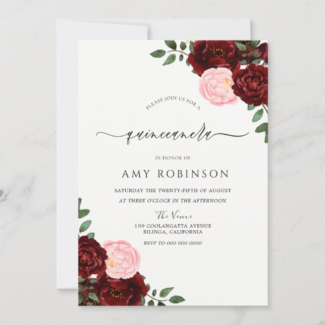 Burgundy Red & Blush Roses Quinceanera Invitation (Front)