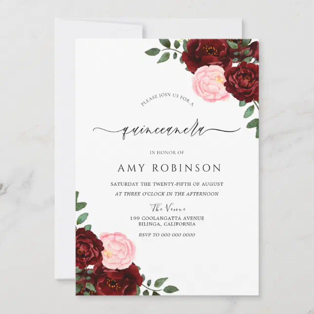 Burgundy Red & Blush Roses Quinceanera Invitation | Zazzle