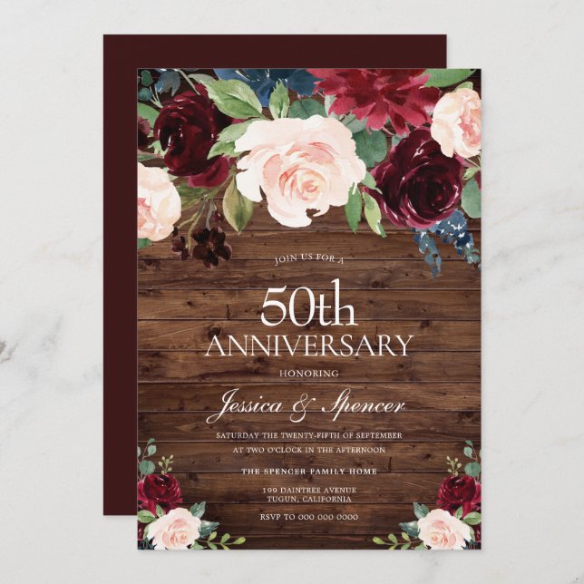 Burgundy Red Blush Rustic 50th Wedding Anniversary Invitation (Front/Back)