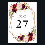 burgundy red & blush watercolor geometric wedding table number<br><div class="desc">a lovely geometric floral frame with watercolor burgundy red and blush  flowers. The text and colors on this card can be personalized.</div>