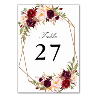 burgundy red & blush watercolor geometric wedding table number