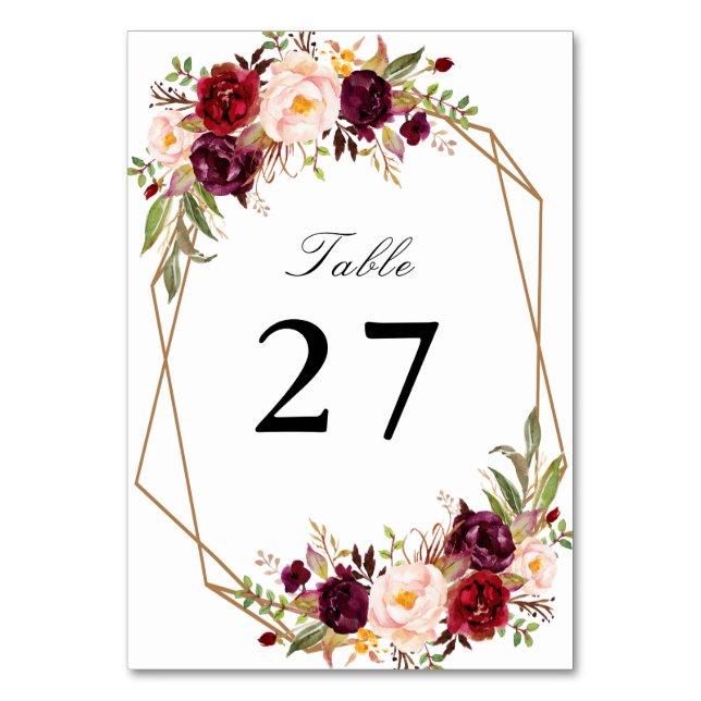 burgundy red & blush watercolor geometric wedding table number (Front)