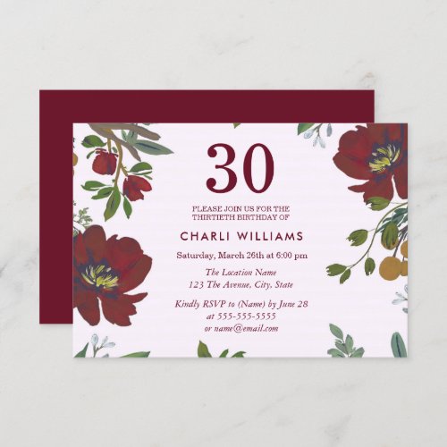 Burgundy Red Boho 30th Birthday Party Invite