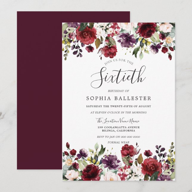 Burgundy Red Boho 60th Sixtieth Birthday Party Invitation (Front/Back)