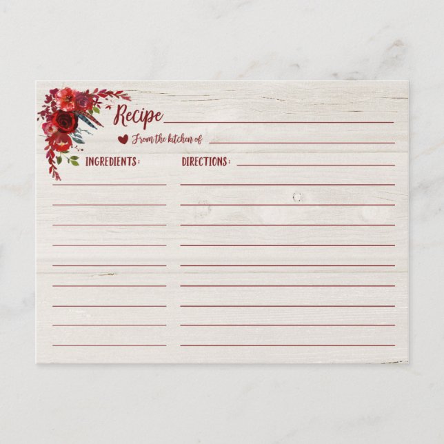 Burgundy Red Boho Floral Bridal Shower Recipe Card (Front)