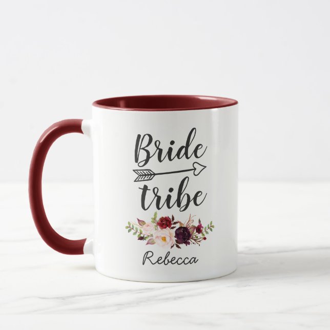 Burgundy Red Boho Floral Bridesmaid Bride Tribe Mug (Left)
