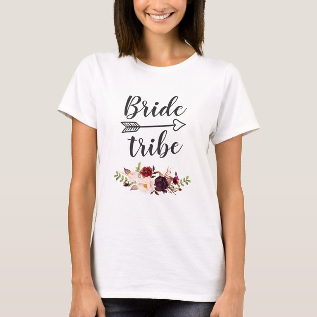 Burgundy Red Boho Floral Bridesmaid Bride Tribe T-Shirt (Front)