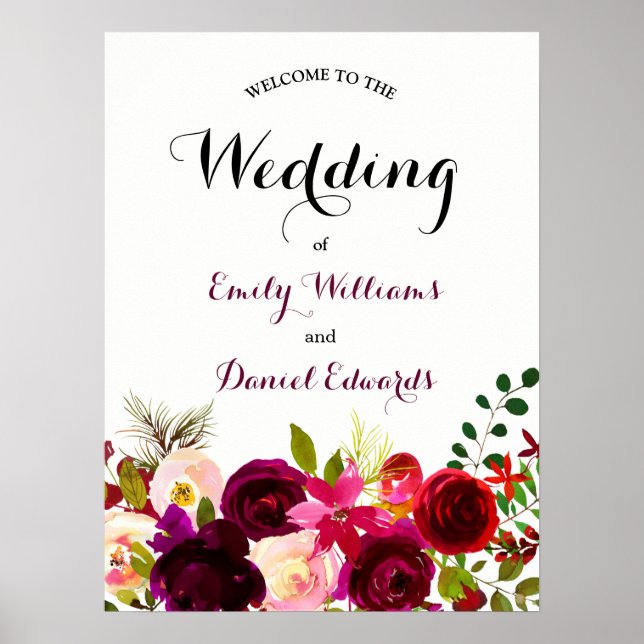 Burgundy Red Boho Floral Watercolor Wedding Poster (Front)