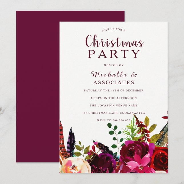 Burgundy Red Boho Floral Work Christmas Party Invitation (Front/Back)