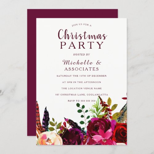 Burgundy Red Boho Floral Work Christmas Party Invitation