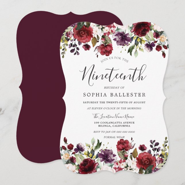 Burgundy Red Botanical 19th Birthday Party Invitation (Front/Back)