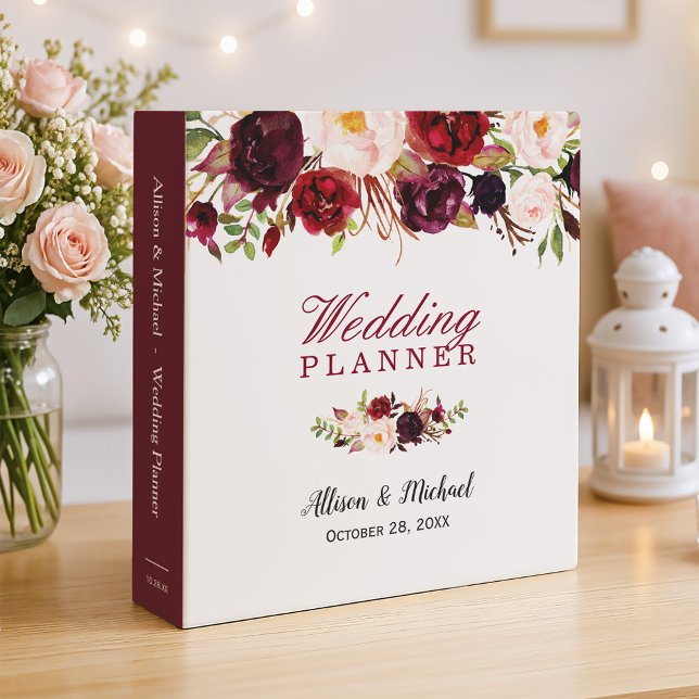 Burgundy Red Botanical Floral Wedding Planner Binder (Creator Uploaded)
