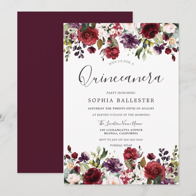 Burgundy Red Botanical Quinceanera Party Invitation (Front/Back)