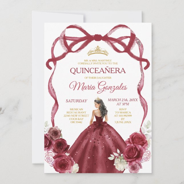 Burgundy Red Bow Princess Gold Crown Quinceañera Invitation (Front)