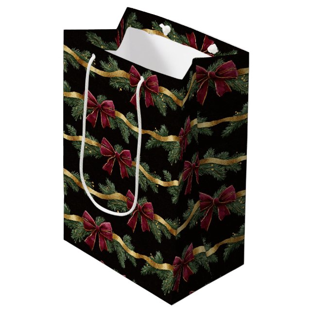 Burgundy Red Bows Gold Ribbons Christmas Medium Gift Bag (Front Angled)