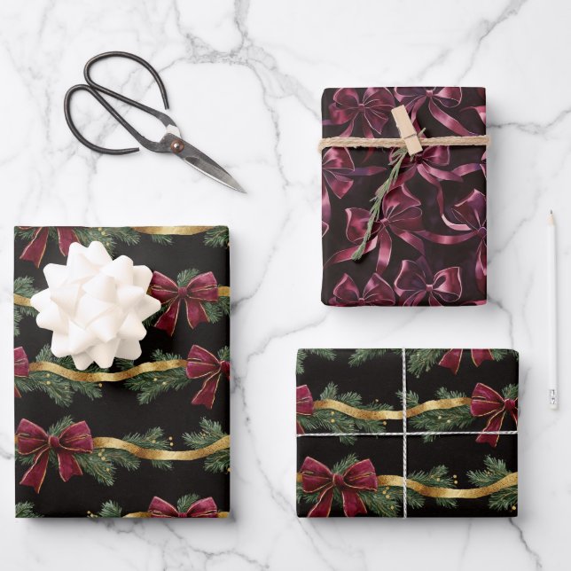 Burgundy Red Bows Gold Ribbons Christmas Wrapping Paper Sheets (Front)