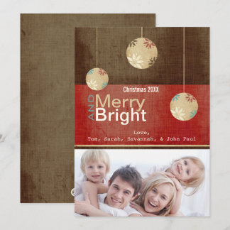 Burgundy Red Brown Merry and Bright Family Photo Holiday Card