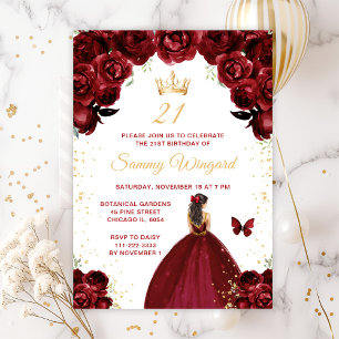 Burgundy Red Brunette Hair Princess Birthday Party Invitation