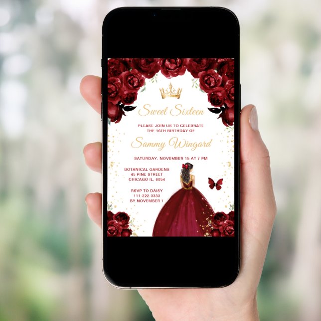 Burgundy Red Brunette Hair Princess Sweet Sixteen Invitation (Front Digital)