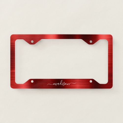 Burgundy Red Brushed Metal Monogram Girly Script License Plate Frame