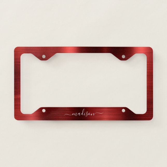 Burgundy Red Brushed Metal Monogram Girly Script License Plate Frame (Front)