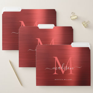 Burgundy Red Brushed Metal Monogram Script Name File Folder