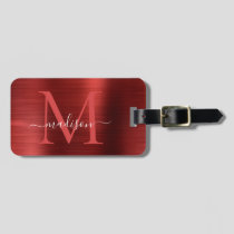 Burgundy Red Brushed Steel Metal Script Monogram Luggage Tag
