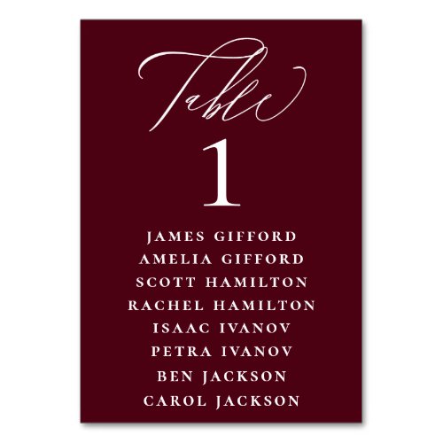 Burgundy Red Calligraphy Seating Chart Table Number