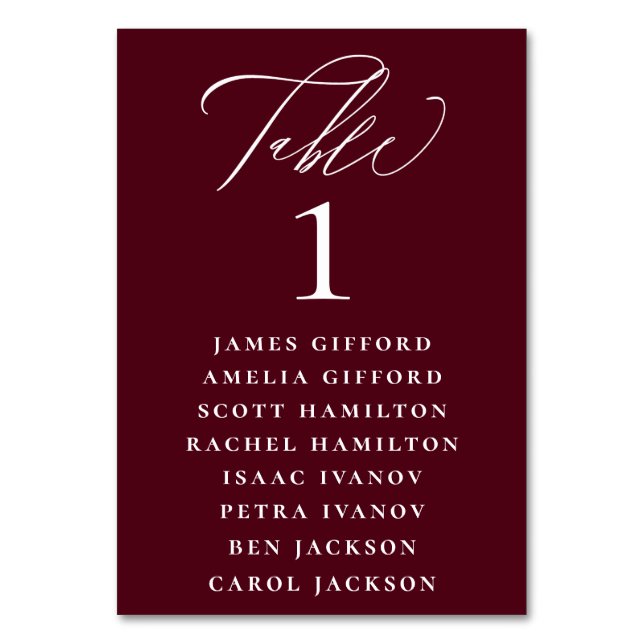 Burgundy Red Calligraphy Seating Chart Table Number (Front)