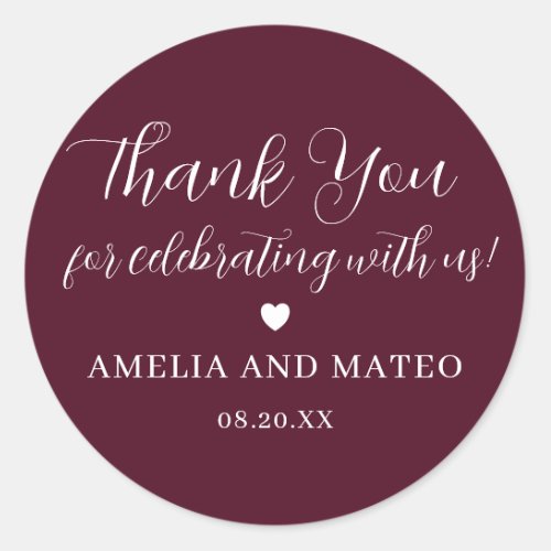 Burgundy Red Calligraphy Wedding Thank You Favor Classic Round Sticker