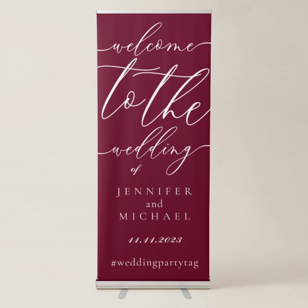 Burgundy Red Calligraphy Welcome to the wedding Retractable Banner
