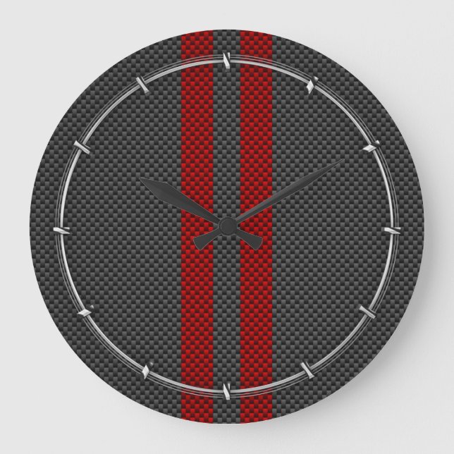 Burgundy Red Carbon Fiber Like Racing Stripes Large Clock (Front)