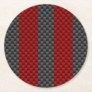 Burgundy Red Carbon Fiber Like Racing Stripes Round Paper Coaster