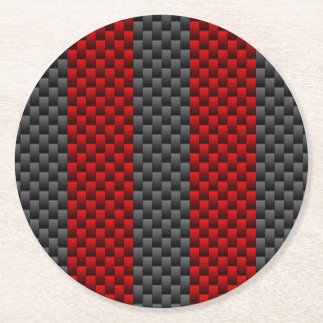 Burgundy Red Carbon Fiber Like Racing Stripes Round Paper Coaster (Front)