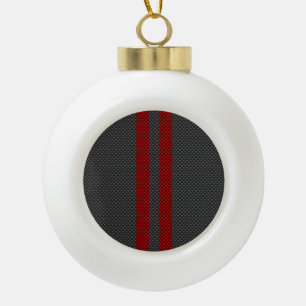 Burgundy Red Carbon Fiber Style Stripes Ceramic Ball Christmas Ornament