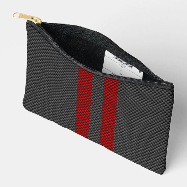 Burgundy Red Carbon Style Racing Stripes Decor Accessory Pouch (Open)