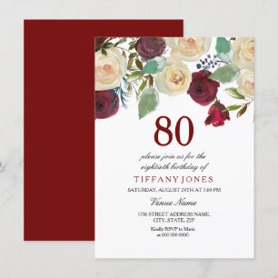 Burgundy Red Champagne white roses 80th birthday Invitation