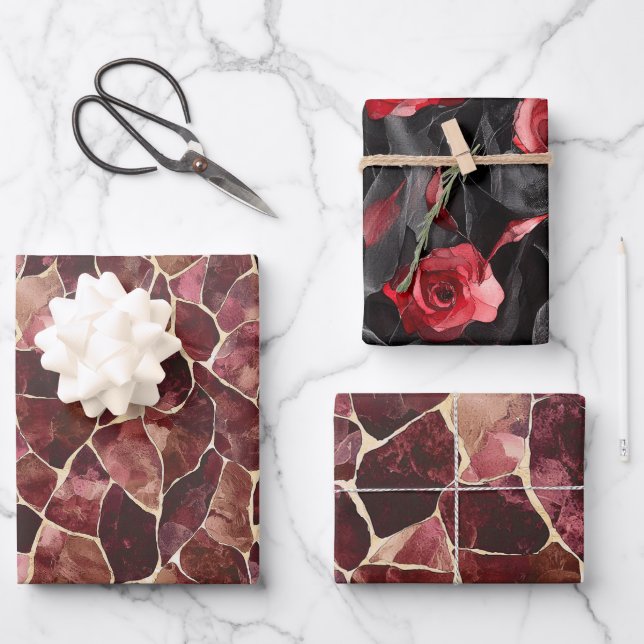 Burgundy Red Chic Abstract Bridal Shower Wrapping Paper Sheets (Front)