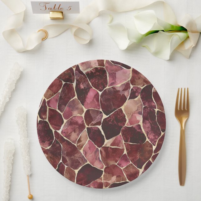 Burgundy Red Chic Abstract   Paper Plates (Wedding)
