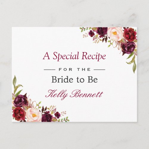 Burgundy Red Chic Floral Bridal Shower Recipe Postcard