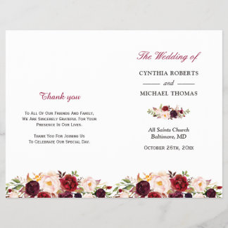 Burgundy Red Chic Floral Folded Wedding Program